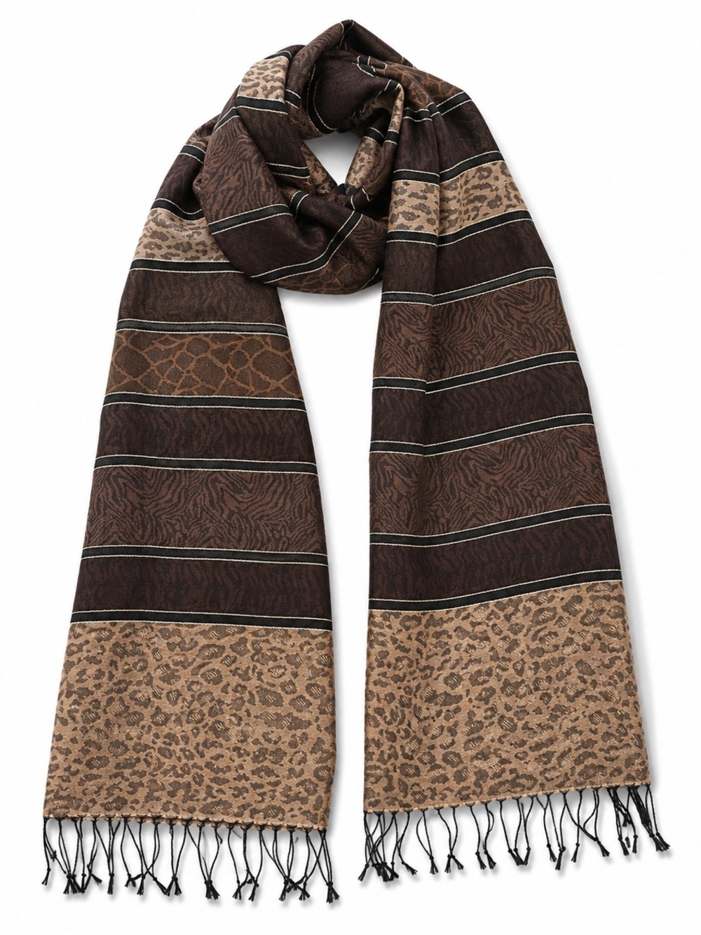 Pashmina Scarf Shawl Wrap Brown Animal Print Metallic Cover Up Fringe 80x27 OSFA